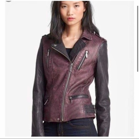 Michael Kors maroon/black leather moto jacket w/ gunmetal hardware -small - Picture 15 of 16